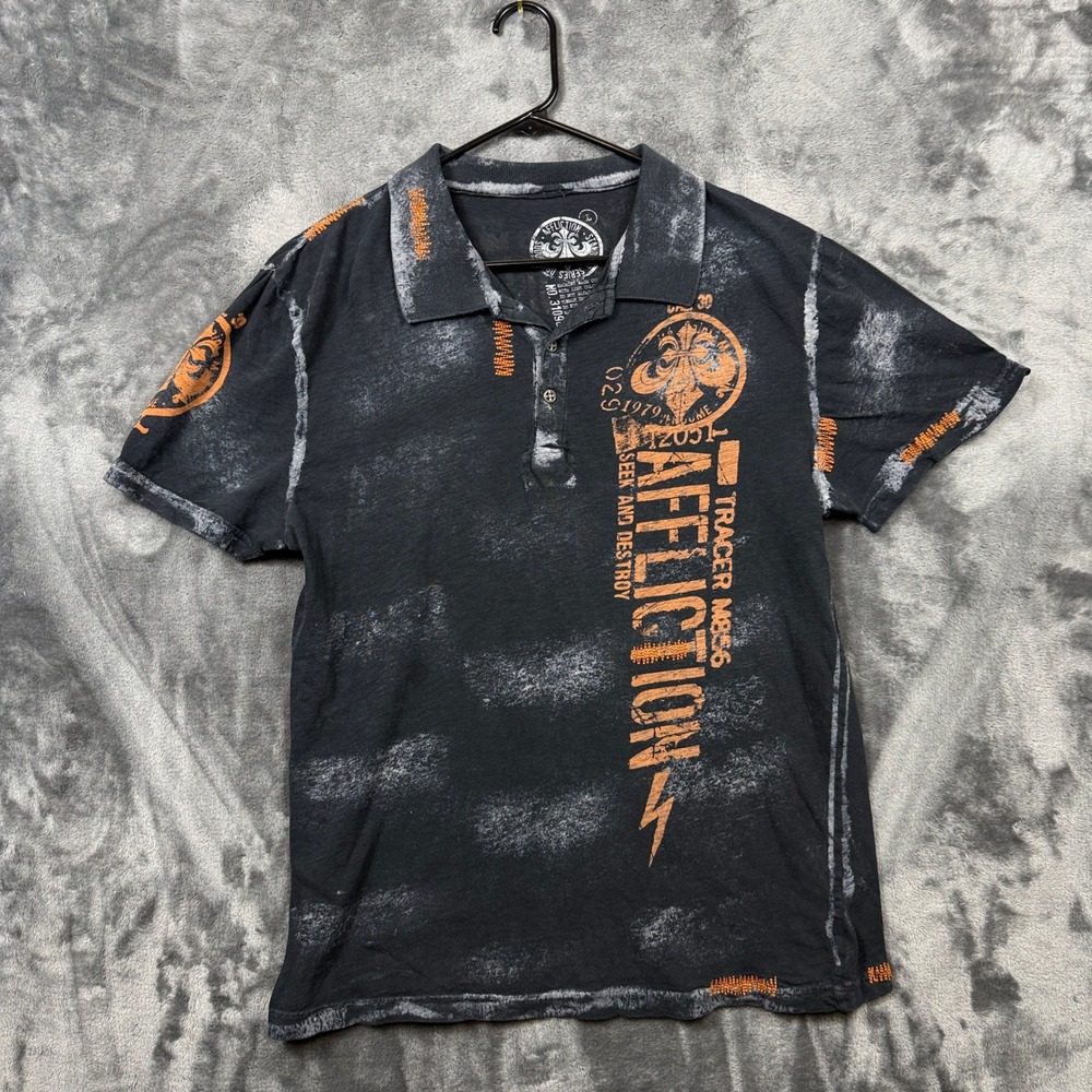 Affliction Polo Shirt Mens Large Black Distressed Graphic Y2K MMA